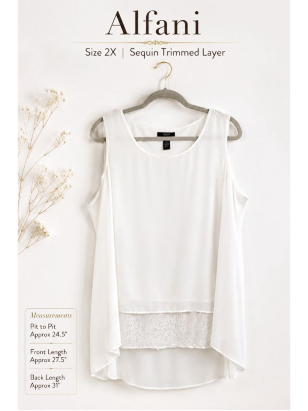 Alfani Woman 2X White Layered Sequin Hem Tank Top Sleeveless Chiffon Hi Low